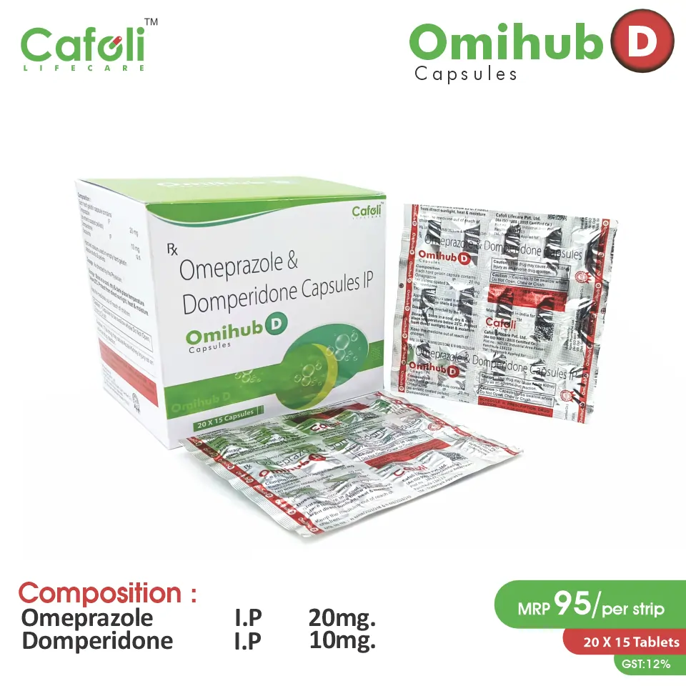 Domperidone + Omeprazole Omihub D Capsule at best price in PCD Pharma Franchise for pain relief and gastrointestinal disorders.